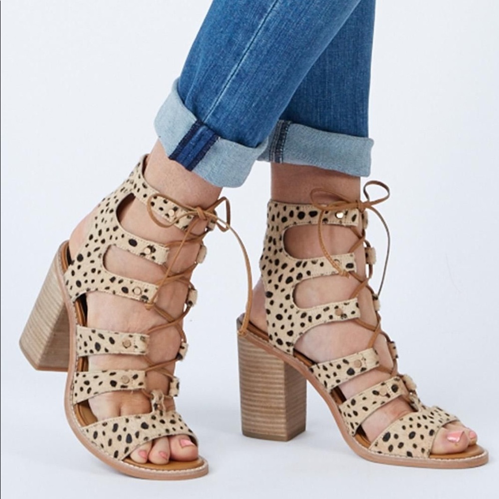 Dolce Vita Leopard Lace Up Block Heel Sandals